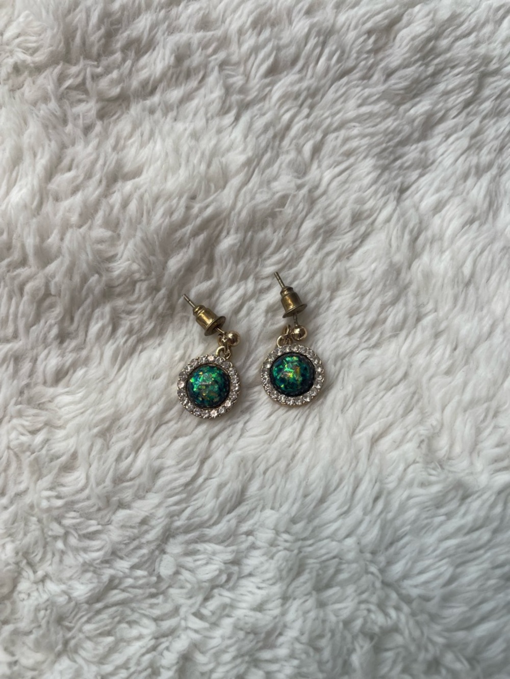 Gold Halo Drop Earrings with Green Opal Center